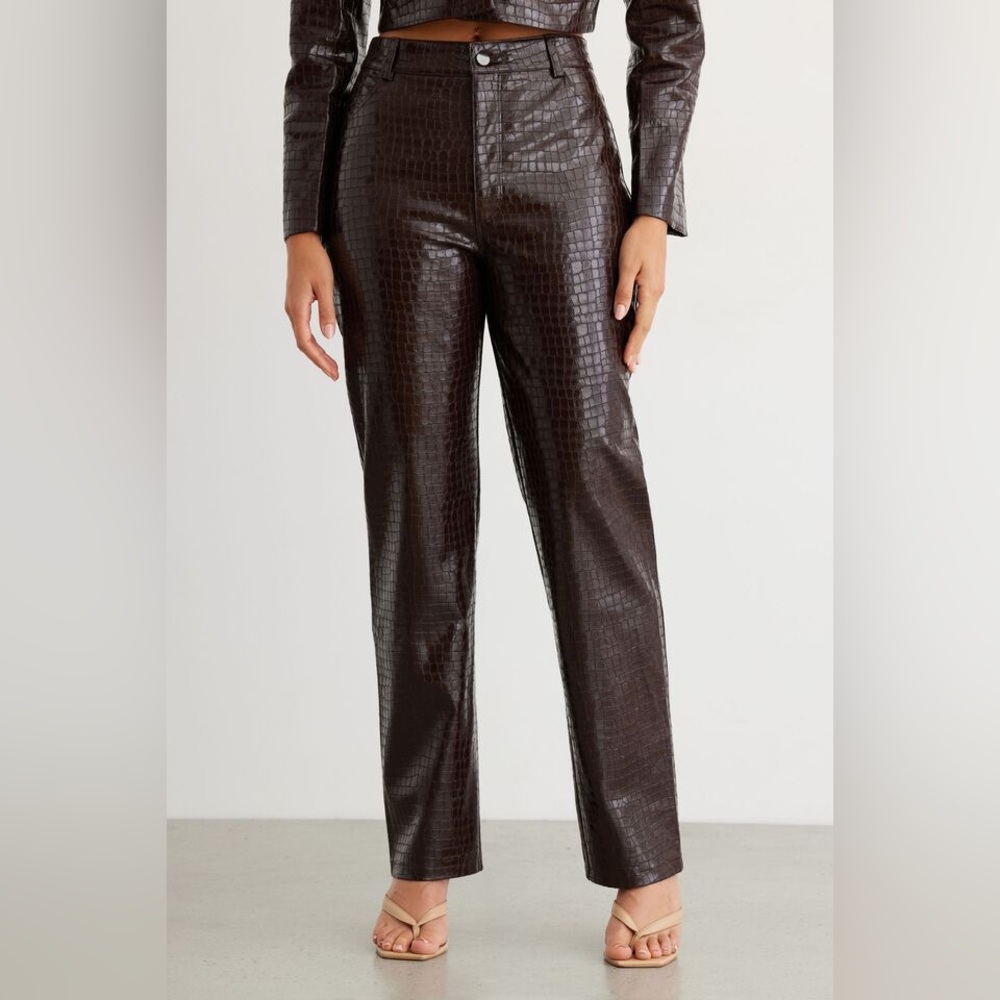 Dynamite Brown Croc-Embossed Straight Leg Pants